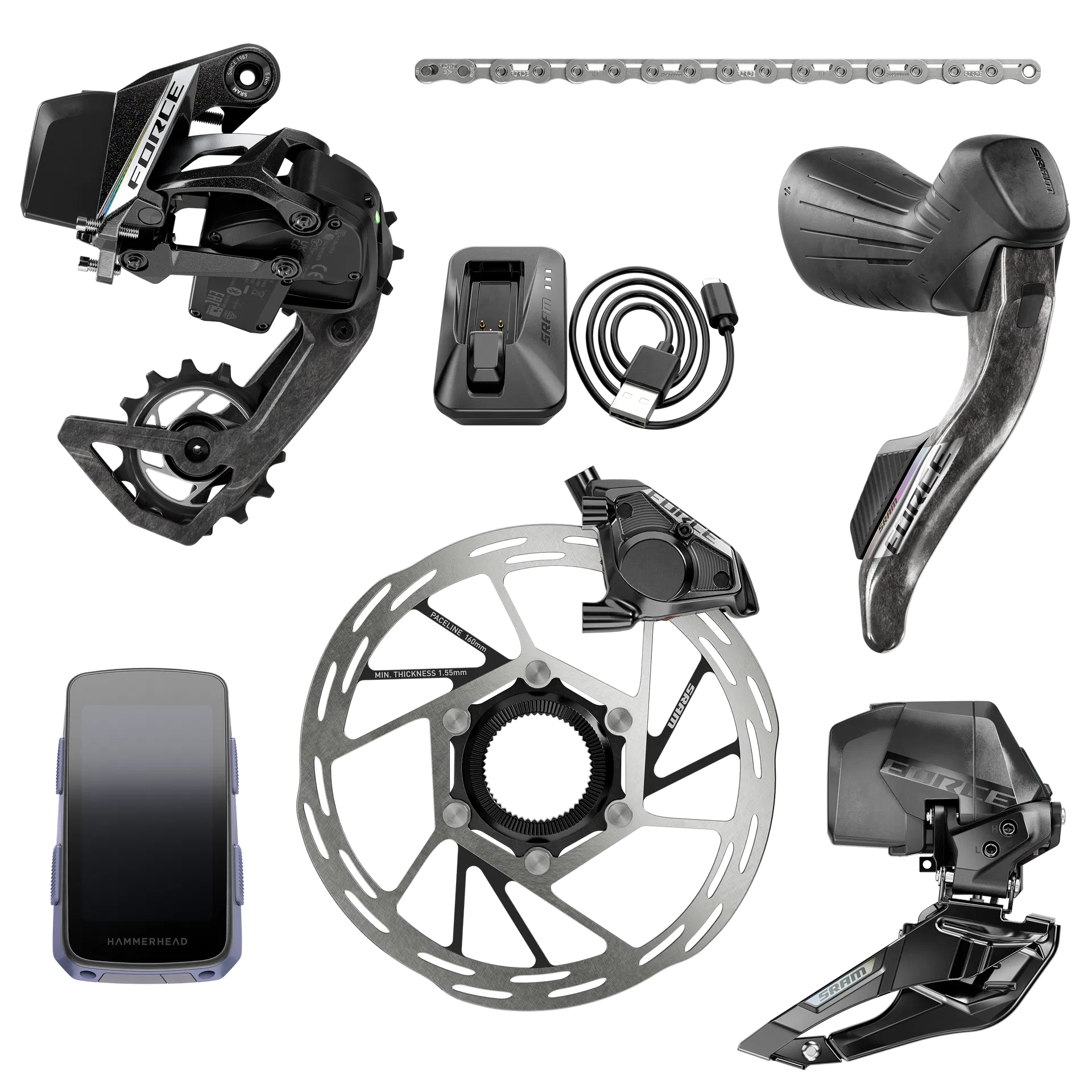 Sada SRAM groupset Force AXS 2x12s E1, HRD-FM, 160-CL, incl. Hammerhead Karoo